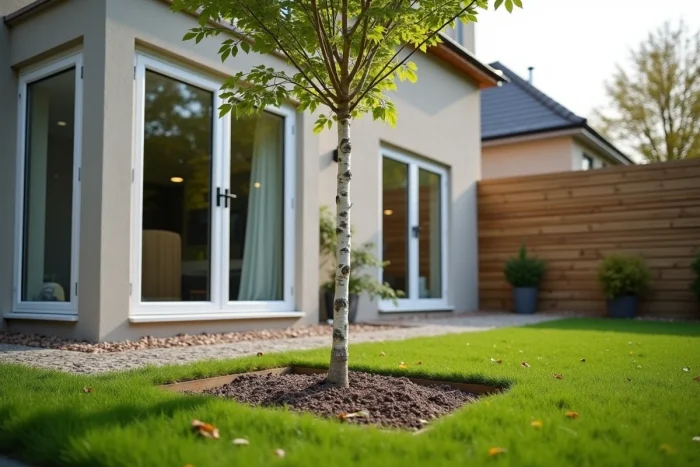 Jeune bouleau planté à distance réglementaire d'une maison moderne dans un jardin résidentiel
