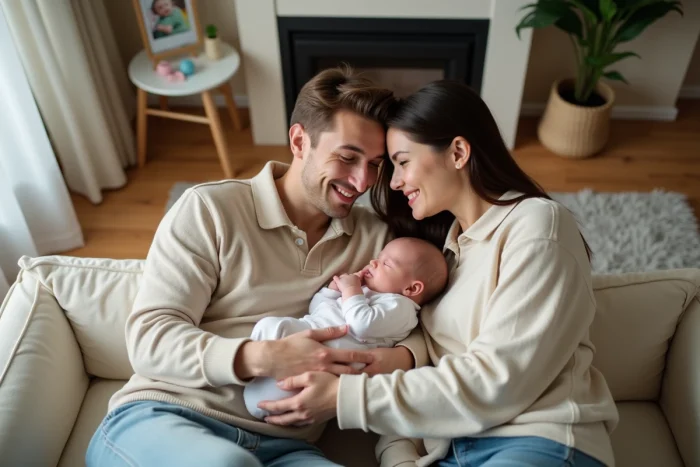 Jeune couple avec bébé dans un salon chaleureux