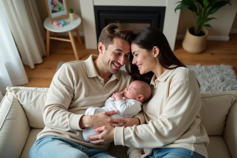 Jeune couple avec bébé dans un salon chaleureux