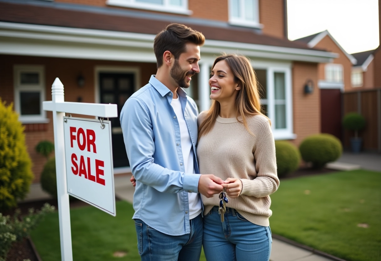 Couple heureux devant une maison avec panneau a vendre