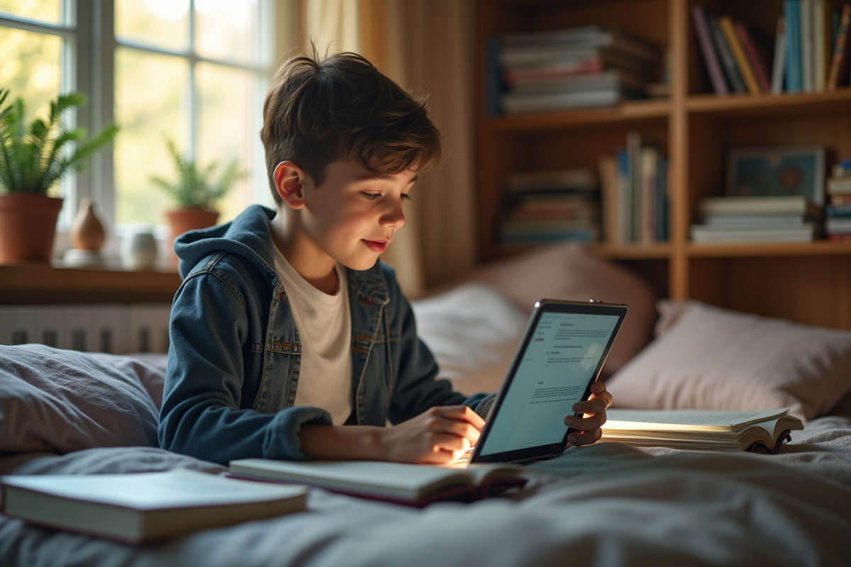 Jeune étudiant utilisant une tablette dans une chambre chaleureuse