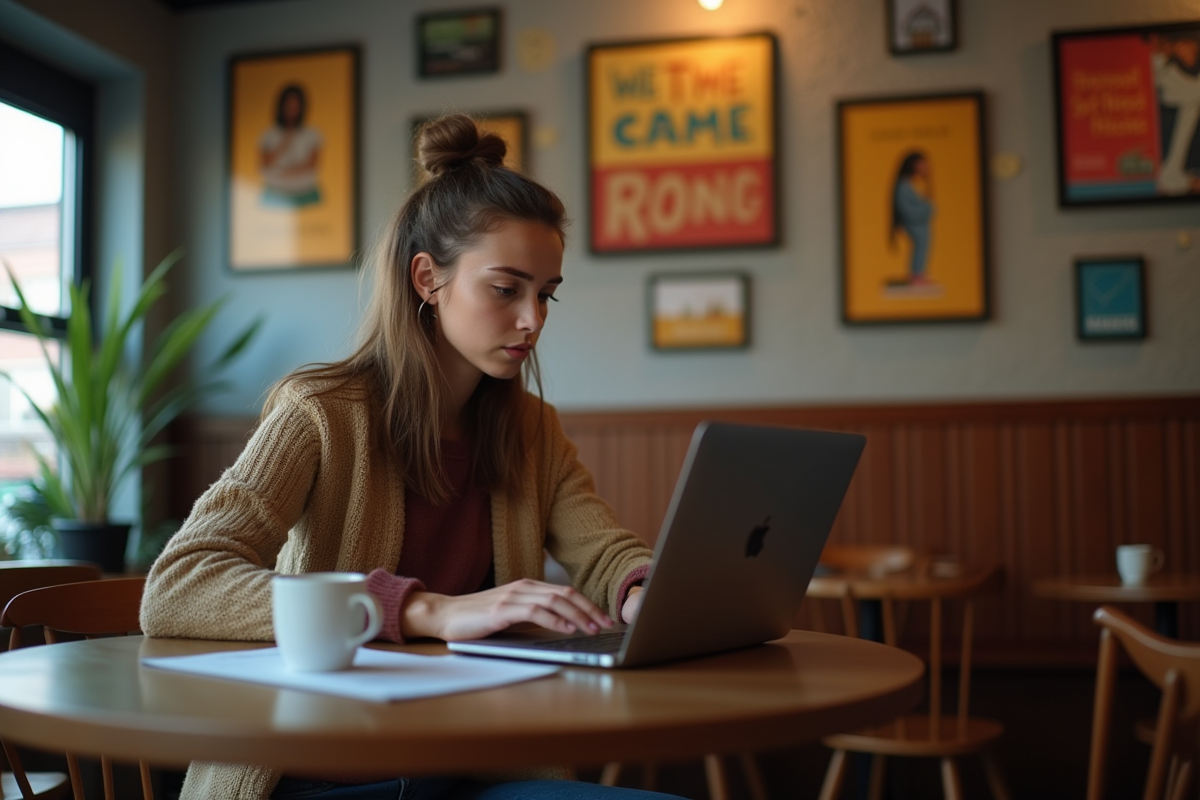 Jeune femme écrivant un blog humanitaire dans un café