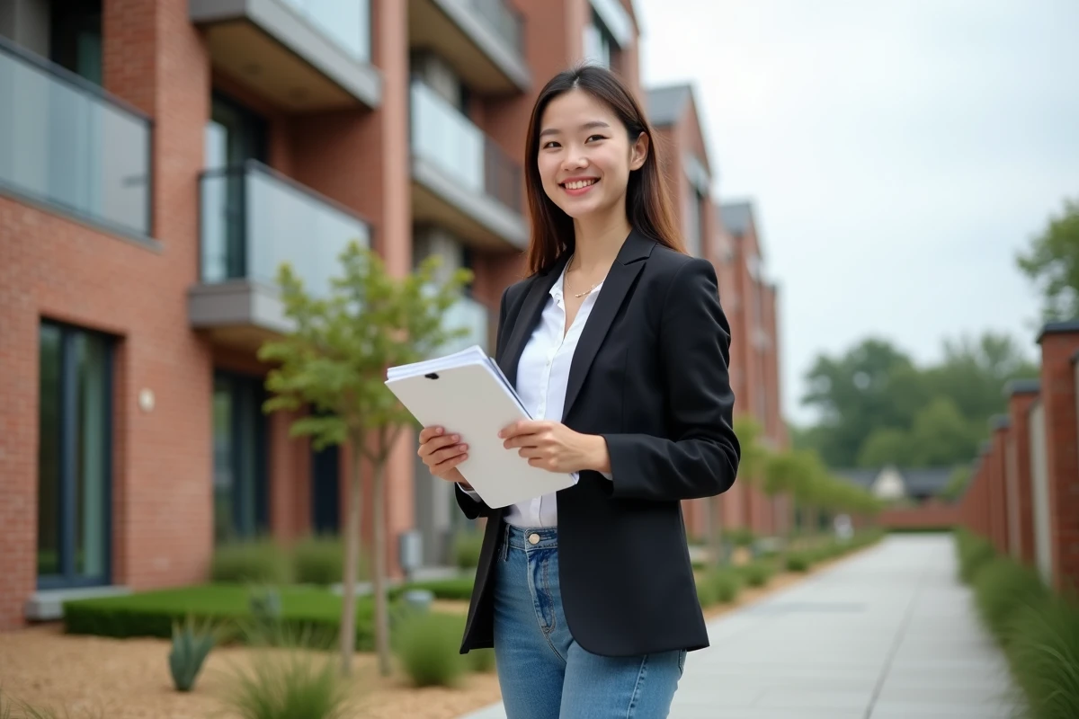Jeune femme souriante devant un bâtiment résidentiel neuf