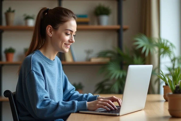 Jeune femme concentrée utilisant un ordinateur portable à la maison