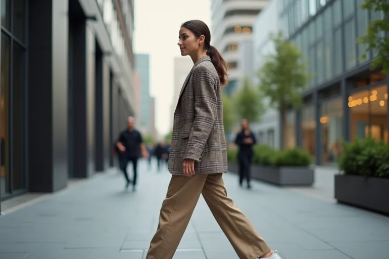 Jeune femme mode en blazer à carreaux dans la ville