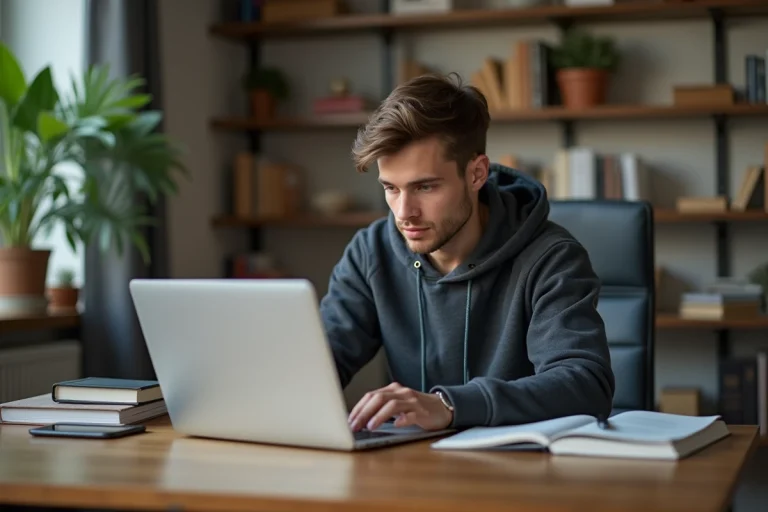 Jeune homme concentré sur son ordinateur à la maison