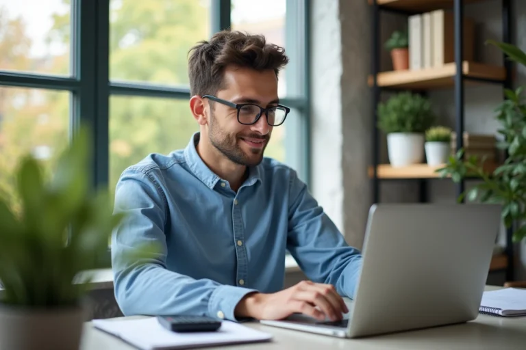 Jeune homme au bureau avec ordinateur et plantes