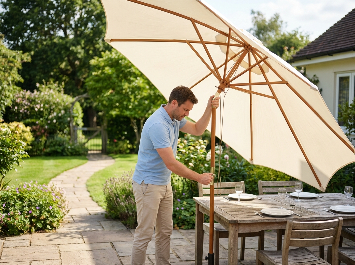 Jeune homme ouvrant un grand parasol dans un jardin ensoleille