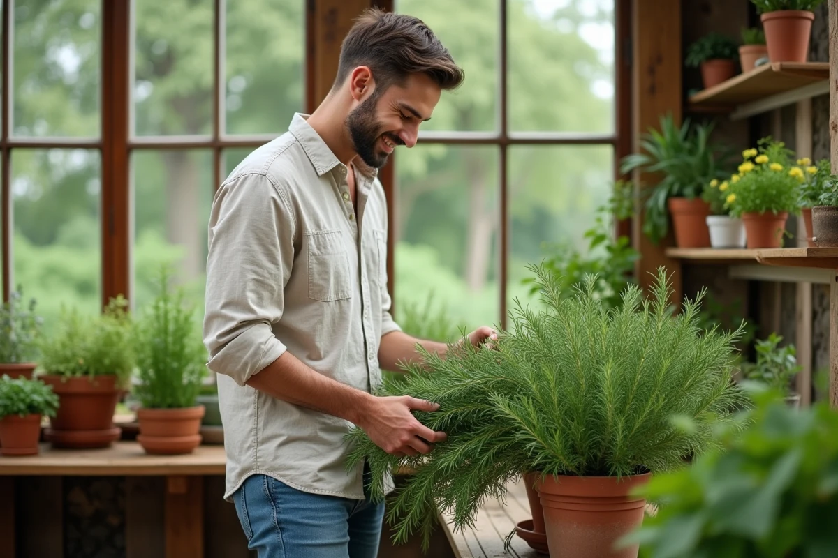Jeune homme taillant un romarin dans une serre lumineuse