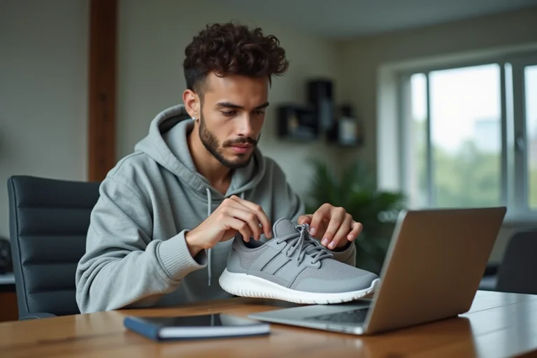 Jeune homme en streetwear examinant des sneakers modernes