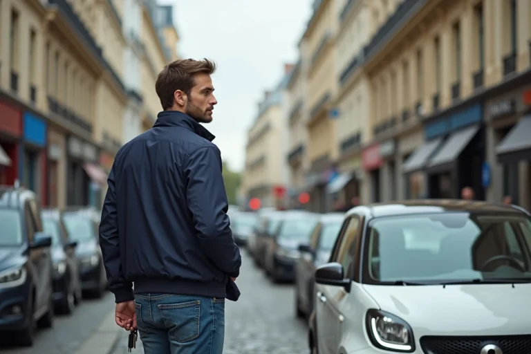 Jeune homme regardant une petite voiture dans une rue parisienne