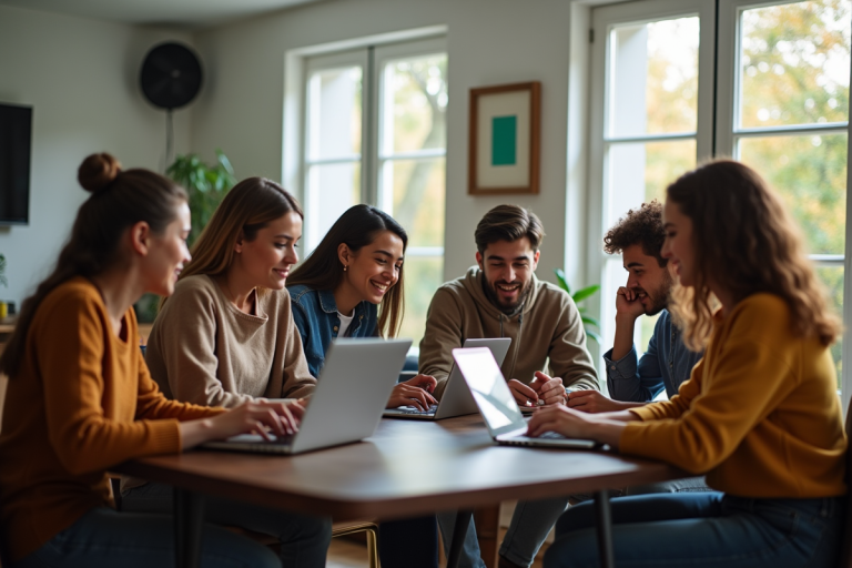 Groupe de jeunes regardant du streaming dans un salon lumineux