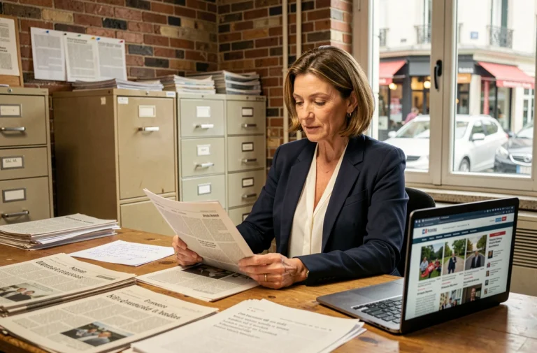 Journaliste locale concentrée sur les actualités régionales dans une salle de rédaction authentique