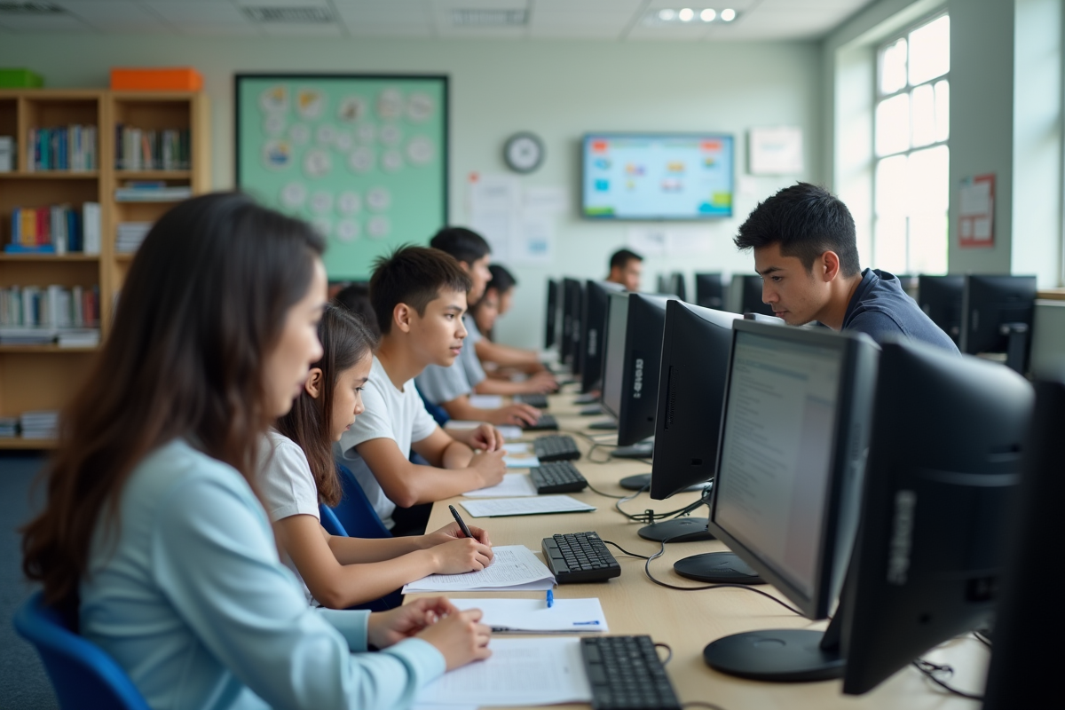 Laboratoire informatique avec élèves et professeur dans une école secondaire