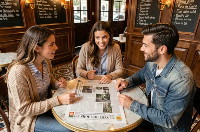 Groupe de lecteurs discutant des dernières actualités locales autour d'un journal dans un café français