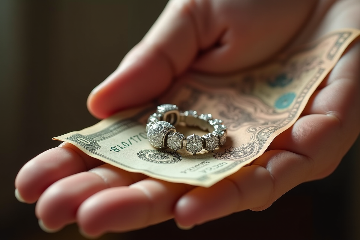 Main tenant bijoux diamants et billets rares en gros plan