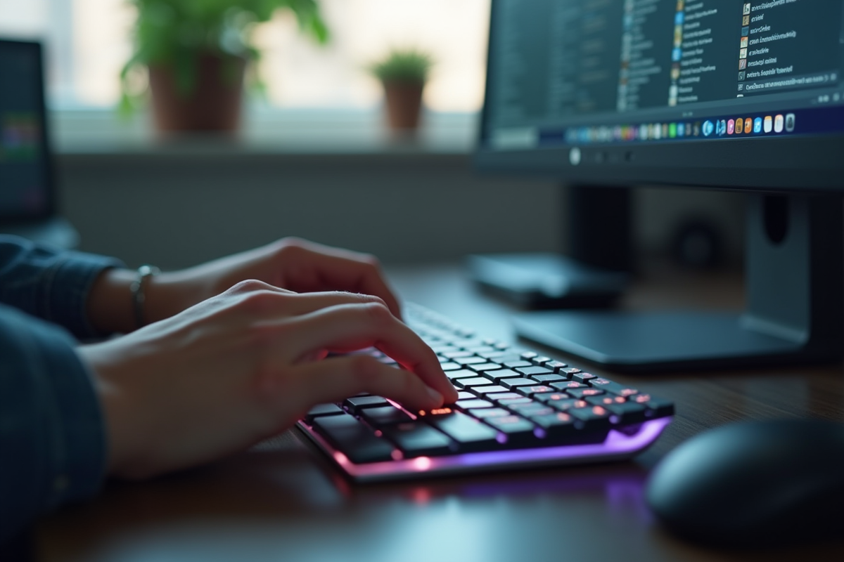 Mains tapant sur un clavier mécanique dans un espace de travail lumineux