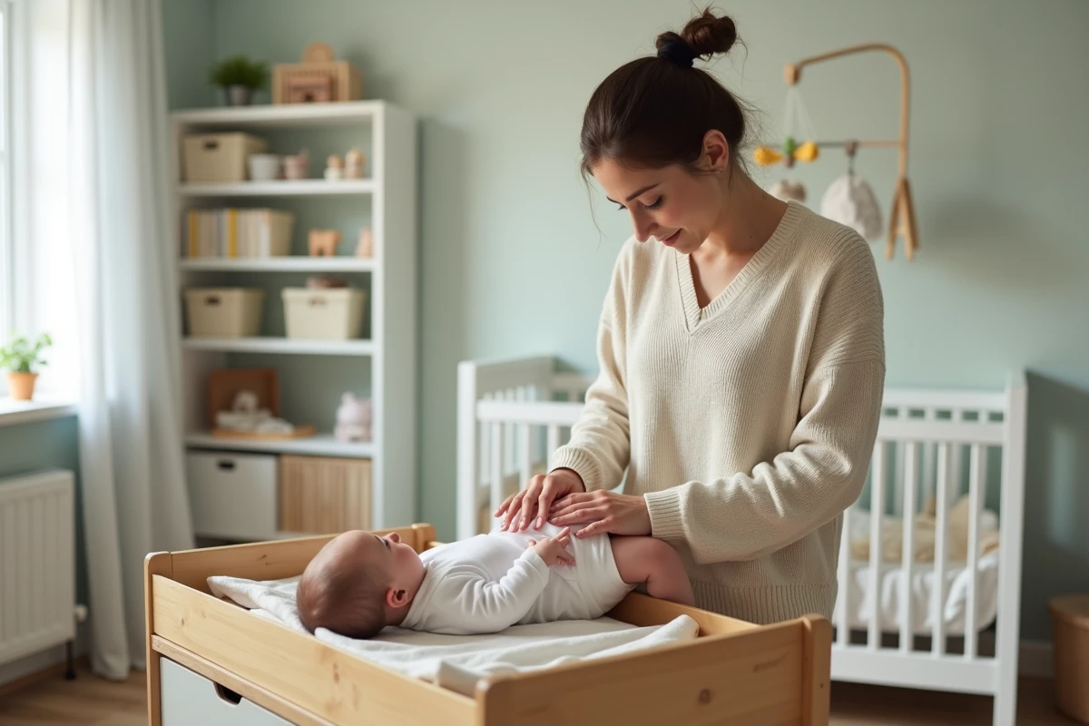 Maman change un bébé dans une nurserie lumineuse