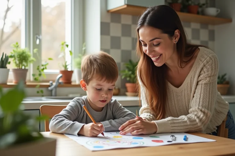 Maman et son enfant coloriant dans la cuisine lumineuse