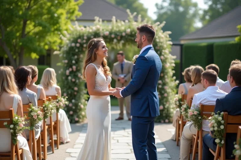 Couple souriant lors d'un mariage en plein air dans un jardin moderne