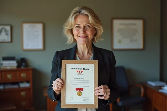 Femme souriante avec médaille du travail en bureau