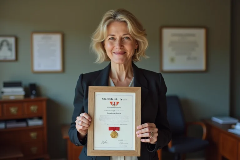 Femme souriante avec médaille du travail en bureau