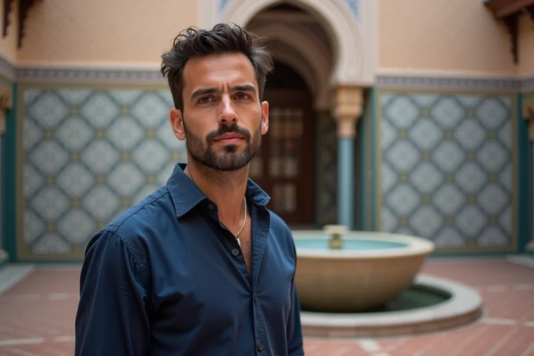 Portrait d'un homme aux origines marocaines devant un mur de zellige traditionnel dans un riad authentique