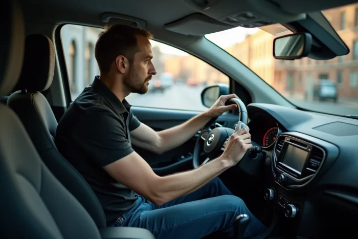 Homme nettoyant le tableau de bord de sa voiture avec un chiffon