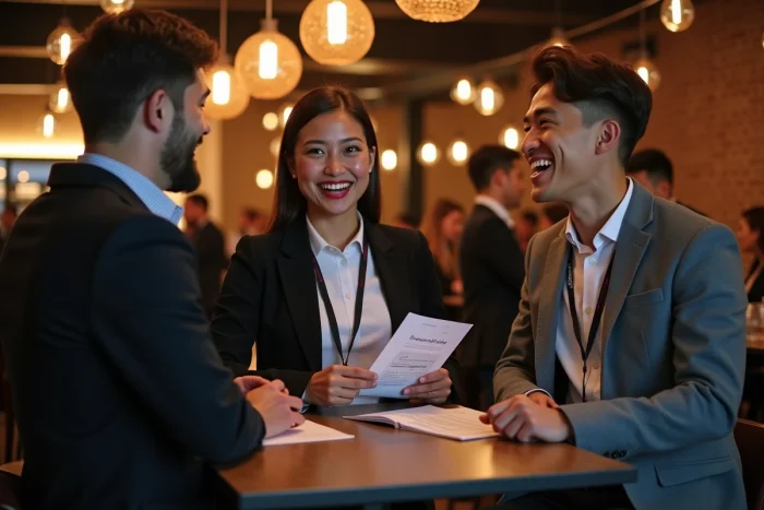Groupe de jeunes professionnels discutant lors d'un événement de networking avec badges et programmes dans une salle moderne