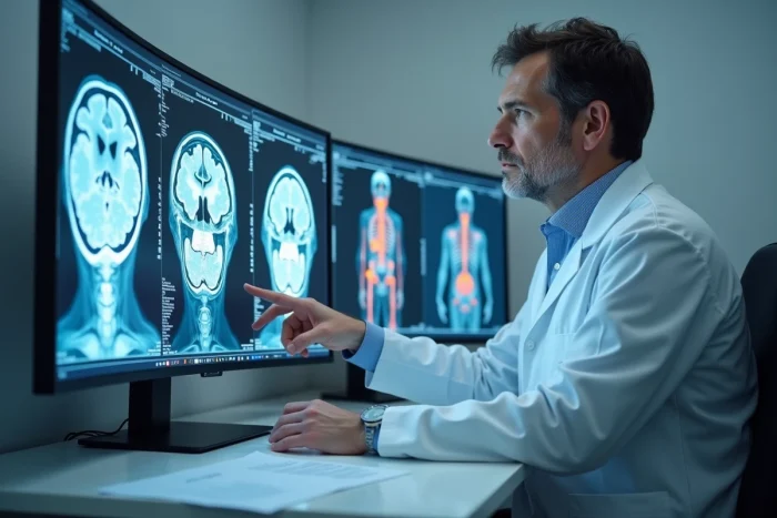 Neurologue examinant une IRM cérébrale pour évaluer les séquelles d'un KO chez un sportif de combat