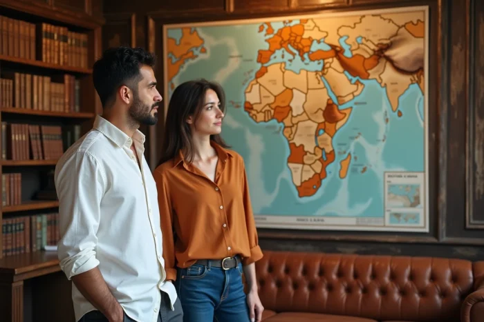 Un homme et une femme aux origines méditerranéennes examinent une carte de l'Afrique du Nord dans un centre culturel