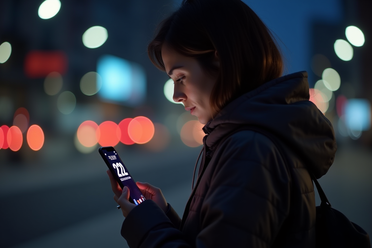 Personne regardant son téléphone avec heure miroir 22h22 en ville