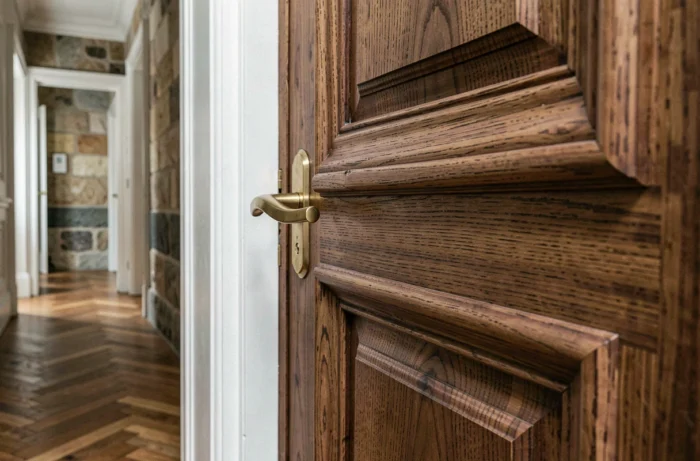 Détail d'une porte intérieure en noyer sur mesure avec moulures et poignée en laiton dans un couloir haussmannien