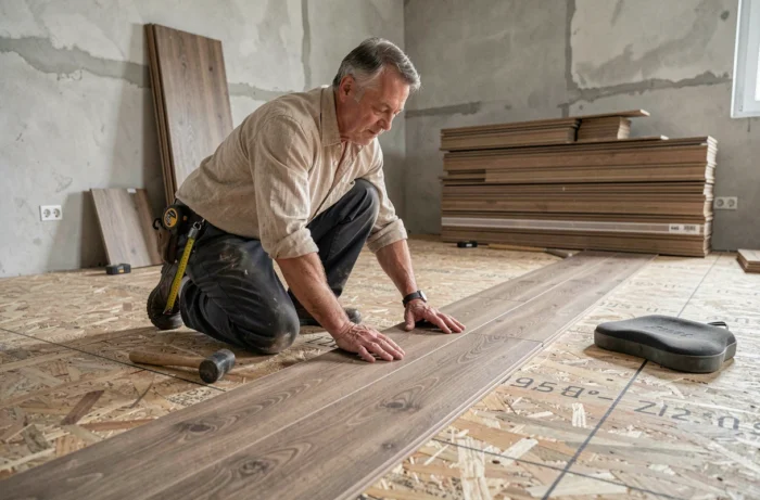 Artisan posant un parquet stratifié dans une pièce en cours de rénovation