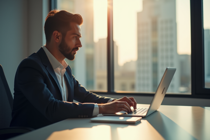 Professionnel travaillant sur un ordinateur portable en bureau moderne