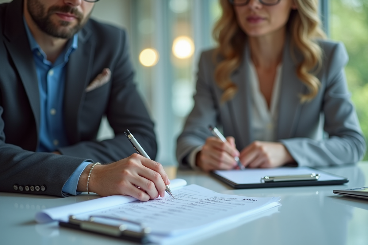Deux professionnels analysant des fiches de paie lors d