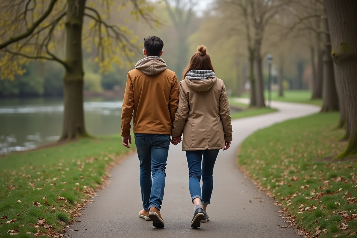 Couple marchant main dans la main dans un parc au bord de l