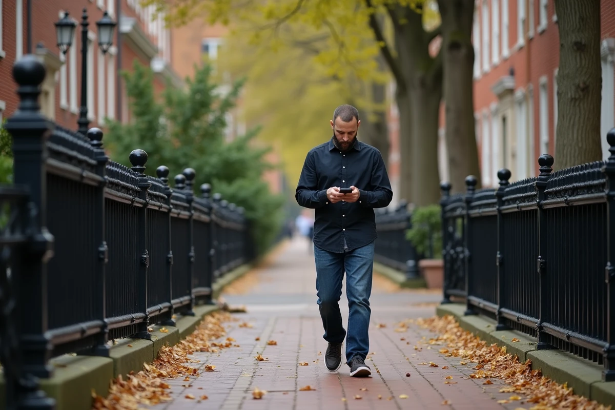 Homme marche seul dans une rue résidentielle calme