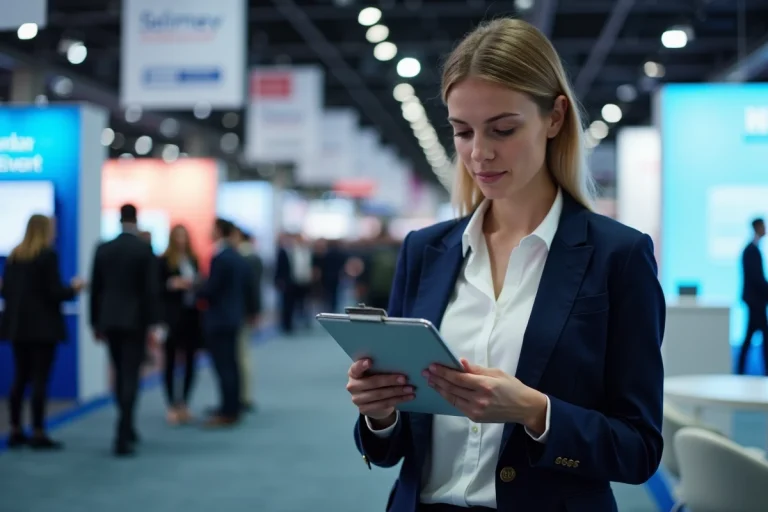 Recruteuse professionnelle en blazer marine consultant des fiches candidats à un stand lors d'un salon de recrutement événementiel