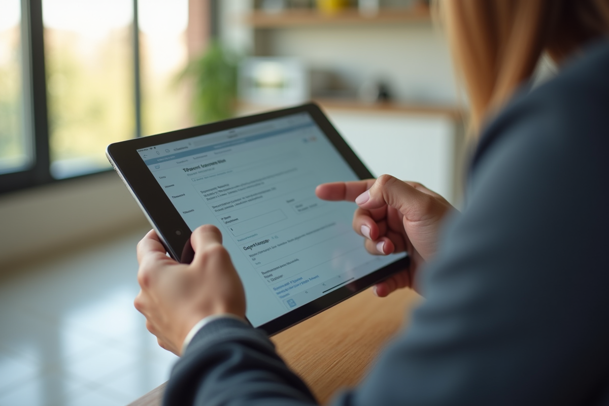 Personne remplissant un formulaire en ligne sur une tablette à la maison