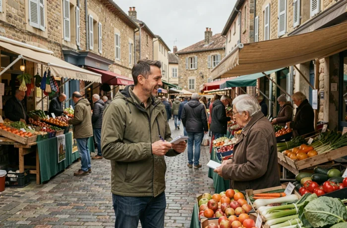 Reporter local recueillant des témoignages lors d'un marché de village français animé