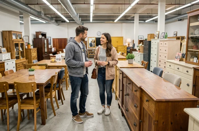 Couple découvrant des meubles de seconde main dans une ressourcerie, solution responsable pour recycler de vieux meubles