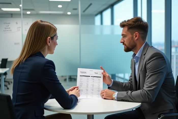 Conseiller immobilier et investisseur comparant les chiffres de loyer brut et net lors d'une réunion en agence immobilière