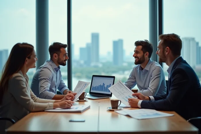 Équipe de professionnels en réunion d'affaires autour d'une table de conférence avec des rapports financiers