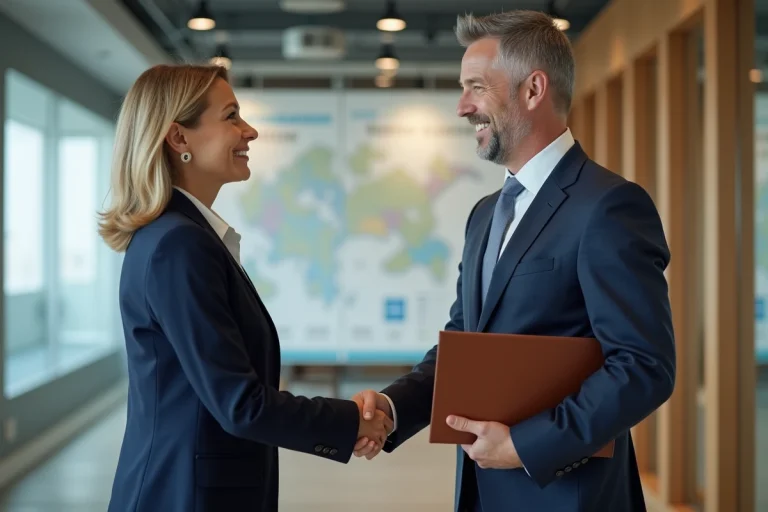 Femme souriante en blazer navy serre la main d'un professionnel