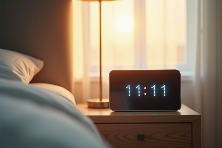 Réveil numérique sur table de nuit avec lumière douce du matin