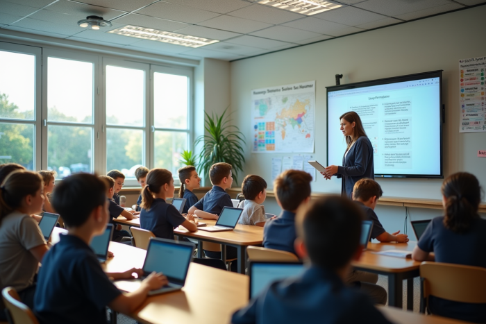 Salle de classe moderne avec élèves utilisant tablettes et tableau interactif