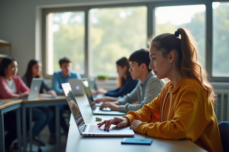 Salle de classe moderne avec étudiants utilisant des ordinateurs pour email