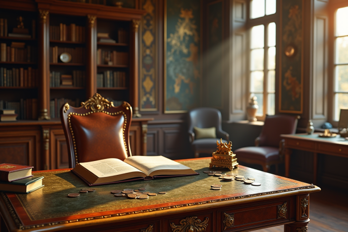 Salle vintage opulente avec bureau doré et livres anciens