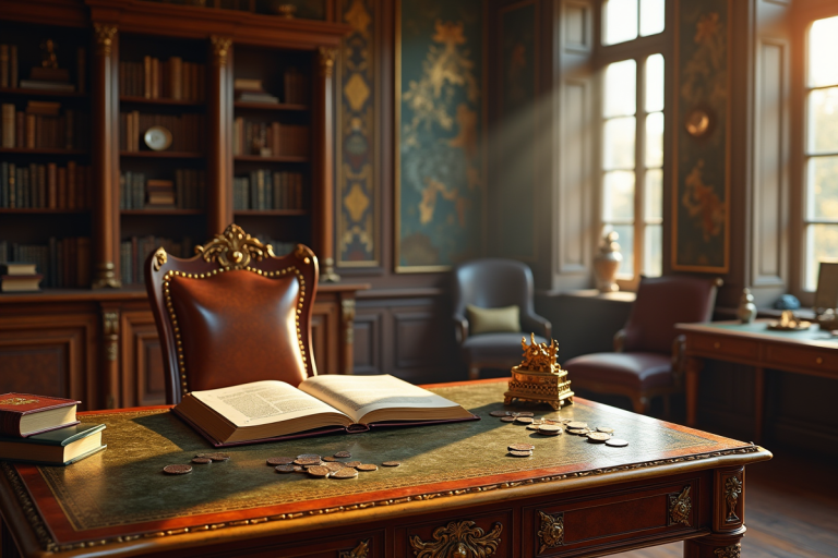Salle vintage opulente avec bureau doré et livres anciens